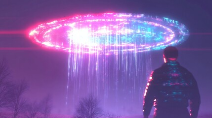 Fototapeta premium Digital Painting: Mystical Energy Beams Mysteriously Descending Night Scene. AI Generated