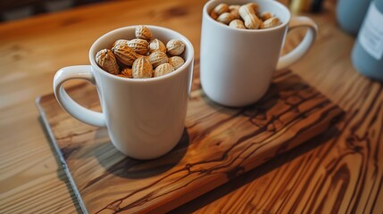 A wooden surface has two white porcelain coffee cups each loaded with fluffy peanuts