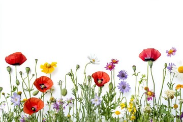 Obraz premium A wildflower field border with poppies and yellow flowers on a white background