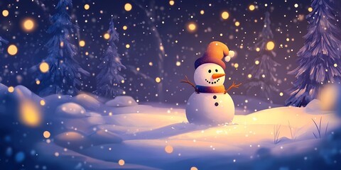 Fototapeta premium Blurred bokeh lights glowing softly behind a snowman in a winter wonderland setting evoking a cozy festive mood, style book illustration