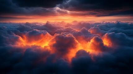 Naklejka premium Fiery sunset above a sea of clouds.