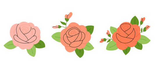 Set vector illustrations rose buds. Flower icons. Flowers for holiday cards, posters, invitations.