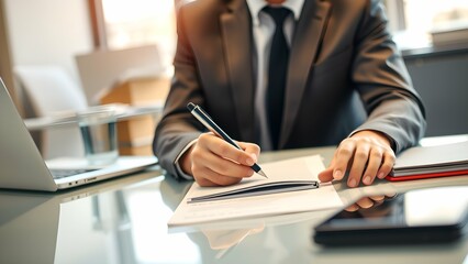 Individual sitting at an office desk, taking notes during a meeting. The person is visible from the waist up, dressed in business attire, with a laptop and office supplies in the professional workspac