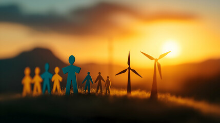 Silhouettes of people stand together against a sunset, with wind turbines in the background, symbolizing community and sustainability.