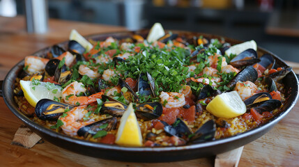 Obraz premium Seafood paella with shrimp, mussels, clams, and saffron rice, garnished with fresh parsley and lemon wedges. Served in a rustic pan, showcasing vibrant colors and textures in natural light.