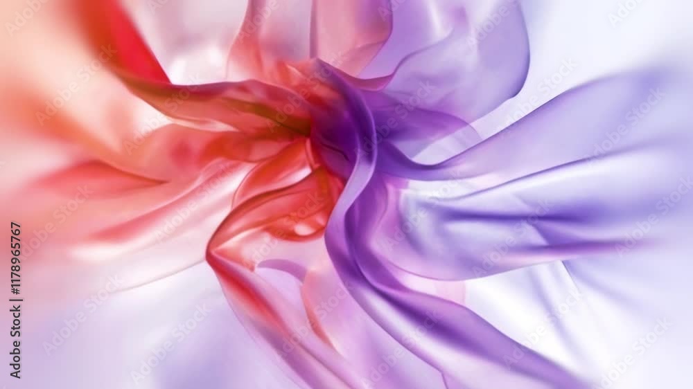 Poster The translucent fabric in the animation moves in graceful curves, creating a swirling and weightless effect. Delicate orange, purple and white gradients shimmer and soft light adds volume