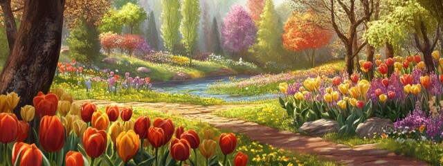 Fototapeta premium Vibrant spring garden filled with colorful blooming tulips, lush greenery, and a serene atmosphere inviting nature's beauty.