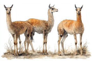 Three illustrated guanacos standing in a natural setting, showcasing their features.