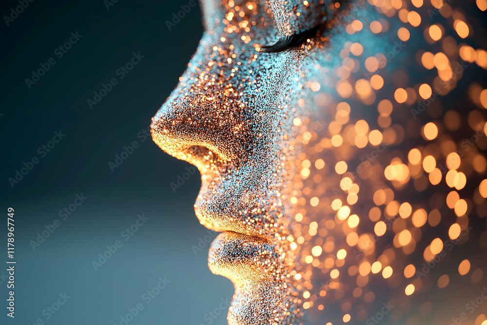 Aufkleber a close-up of a glittering face profile adorned with shimmering particles and soft lights, creating 