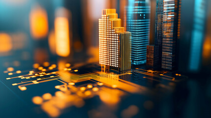 A futuristic cityscape integrated with technology, featuring illuminated skyscrapers and circuit patterns, representing the intersection of urban life and digital innovation.