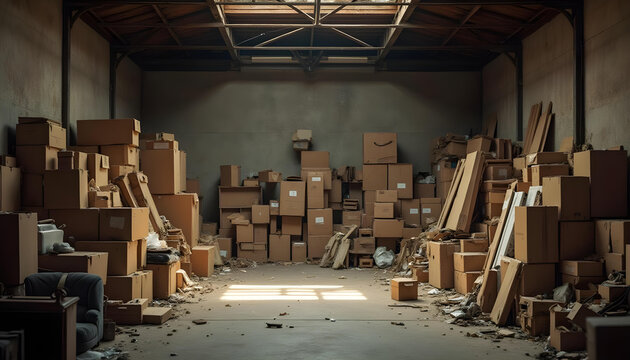 Un almac&eacute;n desordenado lleno de cajas, muebles y otros objetos esparcidos