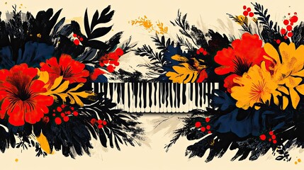 Obraz premium Tropical Flowers Framing Piano Keys; Artistic Music Design; Cream Background; Album Art.