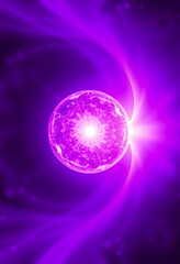 Abstract purple bright glowing background with a sphere core atom energy burning ball circle made of waves of energy rays and plasma with light, studio lighting, with white tones