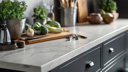 A modern kitchen countertop with culinary tools, a cutting board, and fresh vegetables, capturing the essence of healthy cooking at home