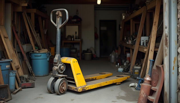 Una carretilla elevadora amarilla en un garaje o almac&eacute;n desordenado, rodeada de herramientas, equipos y otros objetos.