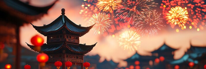 A vibrant scene of traditional architecture illuminated by fireworks, showcasing a festive atmosphere with lanterns and a colorful sky.