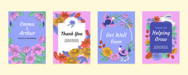 Hand drawn floral engraving vertical card set collection