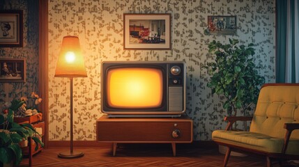 Vintage television radiating static, nestled in a cozy retro living room adorned with nostalgic...