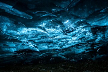 Panoramic view of an ice cave on Jokulsarlon or Jökulsárlón Glacier Lagoon, Iceland. Nature, travel, winter background, or wallpaper