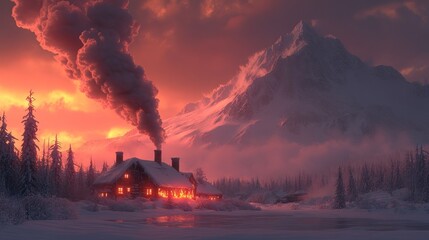 Fototapeta premium Cozy cabin in snowy mountains at sunset.