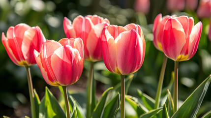 Fototapeta premium Vivid red and faint pink tulips blooming in sunny garden setting