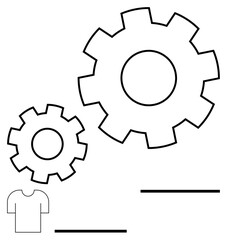 Two outline gears of varying sizes near a minimalist T-shirt shape convey collaboration, design, and productivity. Ideal for teamwork, manufacturing, innovation, branding, workflow, solutions