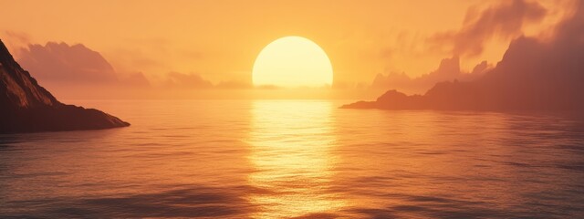 Naklejka premium Serene Sunset Over Tranquil Waters, golden hues reflecting on gentle waves, creating a peaceful evening ambiance by the shore