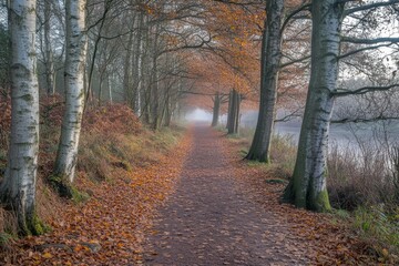Obraz premium Misty forest trail covered in fallen autumn leaves