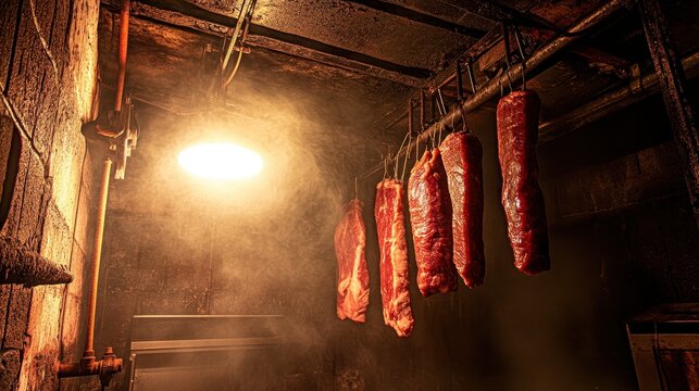 Fresh Meat Hanging in Rustic Butchery Environment