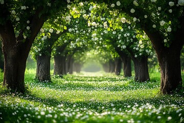 Obraz premium Blossoming Trees Form A Serene And Picturesque Path