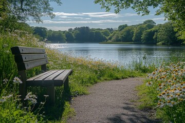 Fototapeta premium Park bench by a lake surrounded by colorful wildflowers and trees