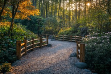Wooden bridge in a bamboo forest surrounded by sunlight and greenery