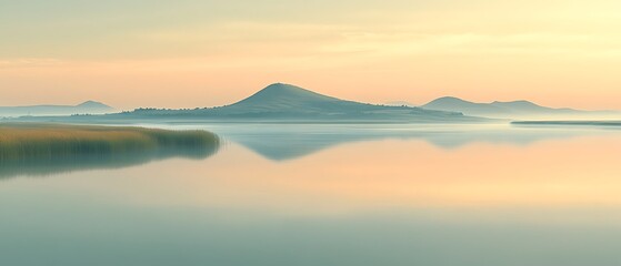 Serene sunrise over misty lake and hills.