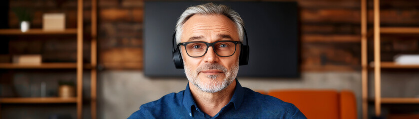 Fototapeta premium A professional older man with glasses and headphones sits in a modern workspace, looking directly at the camera with a friendly expression.