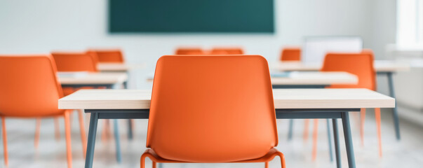 A modern classroom featuring orange chairs and wooden desks, emphasizing a bright, inviting learning environment.