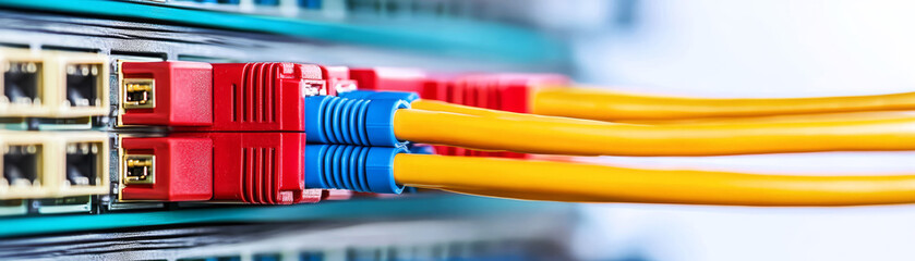 Close-up of network cables connected to a switch, featuring red and yellow cords, illustrating data communication and connectivity.
