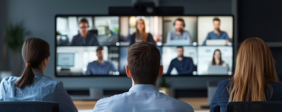 A group of people participating in a video conference, viewing multiple screens with individual participants displayed on a large monitor.