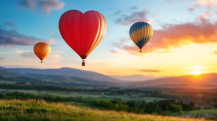 Fototapeta premium Heart shaped hot air balloons soaring gracefully in a vibrant glowing sunset sky over a serene picturesque landscape creating a dreamlike ethereal atmosphere of and wonder