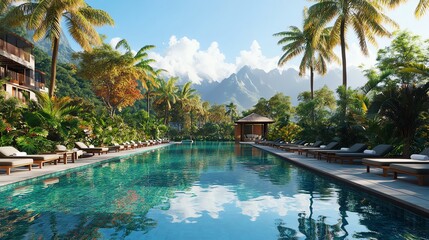 Obraz premium Tropical pool paradise with lush greenery.