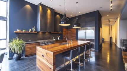 A modern loft kitchen featuring a dark blue accent wall, sleek cabinetry, and pendant lighting, creating a sophisticated and inviting space.