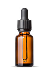 Fototapeta premium Amber glass dropper bottle with black cap mock up isolated on white background