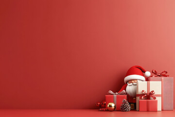 Christmas background with a red wall and Christmas toys, gifts on the floor, Santa clause is at the back of gifts