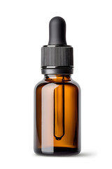 Fototapeta premium Amber glass dropper bottle with black cap mock up isolated on white background
