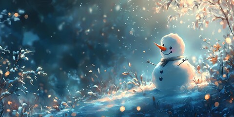 Snowman standing in a snowy scene surrounded by blurred bokeh lights softly glowing in festive tones, style book illustration