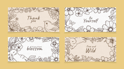 Floral engraving card set in hand drawn style