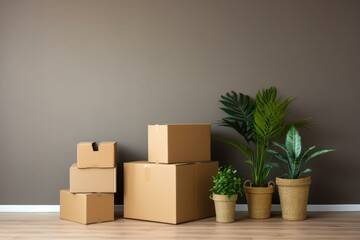 Packed cardboard boxes and houseplants standing near brown wall in new apartment