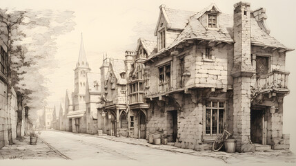 Vivid HB Pencil Sketch Illustrating Old Town Street with Traditional Architecture