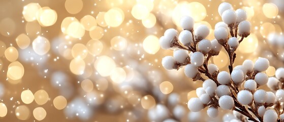Snowy white berries on gold bokeh background.
