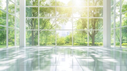 Sunlit Interior with Expansive Windows and Verdant Landscape, bright white walls, abundant natural light, serene green surroundings