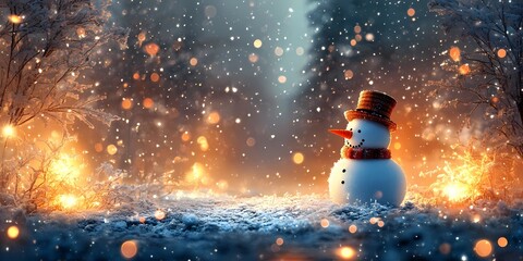 Snowman standing in a snowy scene surrounded by blurred bokeh lights softly glowing in festive tones, style book illustration